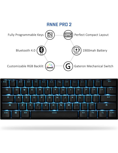 Teclado Mecánico Anne Pro 2 60% RGB Bluetooth Gateron Rojo