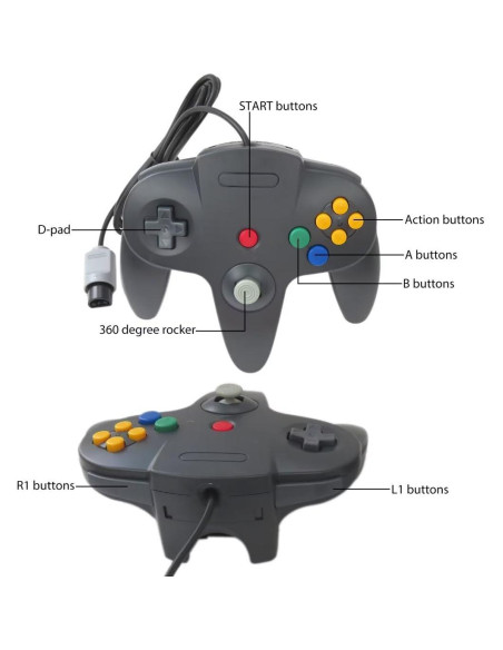 Conjunto de 2 Controladores con Cable para Nintendo 64 N64 - Negro y Gris