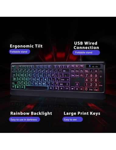 Teclado Retroiluminado KOPJIPPOM con Teclas Grandes y USB