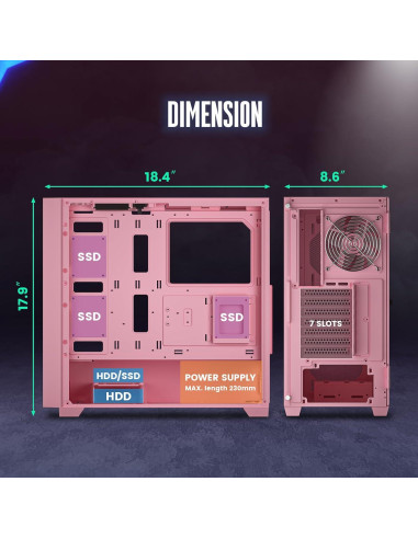 Caja de Computadora Vetroo AL800 Rosa con Vidrio Templado