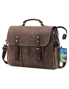 Bolsa Mensajera de Lona y Cuero Genuino NL 15.6" Marrón