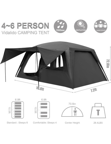 Carpa de Camping Vidalido para 4-6 Personas Doble Capa Impermeable