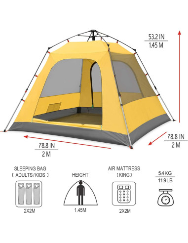 Tienda de Camping KAZOO Saturn 3 Personas Impermeable Amarillo