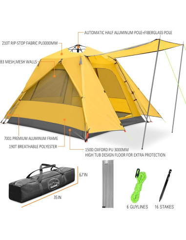 Tienda de Camping KAZOO Saturn 3 Personas Impermeable Amarillo