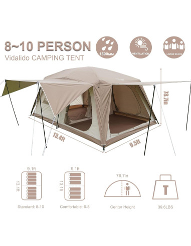 Carpa de Camping Vidalido para 8-10 Personas Impermeable
