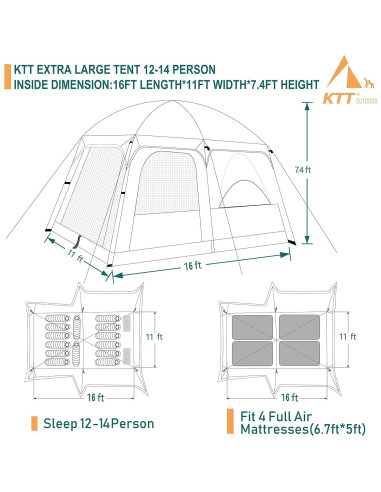 Carpa KTT Extra Grande 14 Personas Impermeable 2 Habitaciones