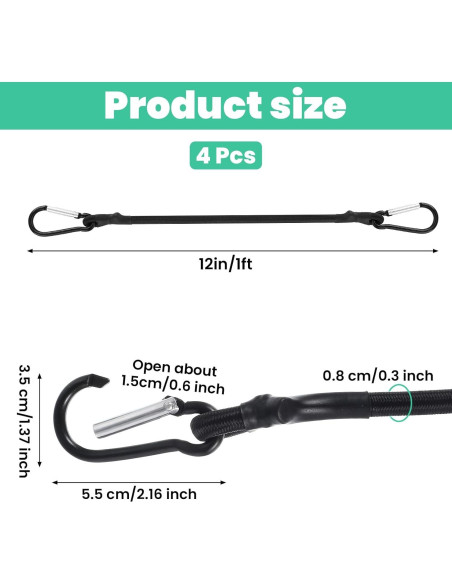 Cuerdas Bungee Negras Teaaha 30 cm con Ganchos de Carabiner