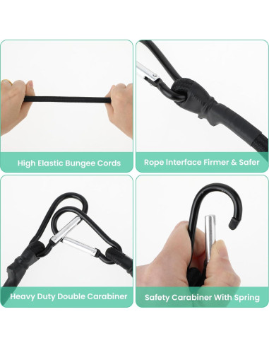 Cuerdas Bungee Negras Teaaha 30 cm con Ganchos de Carabiner