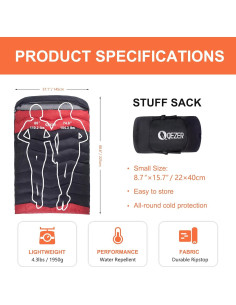 Saco de Dormir Doble QEZER Ultraligero para Climas Fríos 225x145cm 2