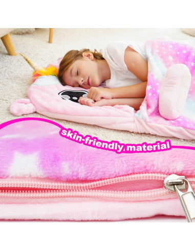 Saco de dormir rosa Micling para niños 3-12 años con almohada