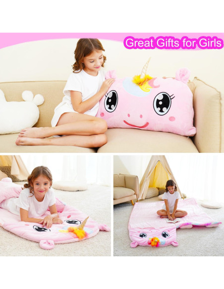 Saco de dormir rosa Micling para niños 3-12 años con almohada