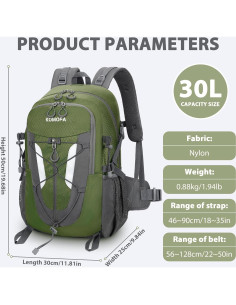 Mochila de Senderismo 30L Unisex Verde Ejército Ligera 2