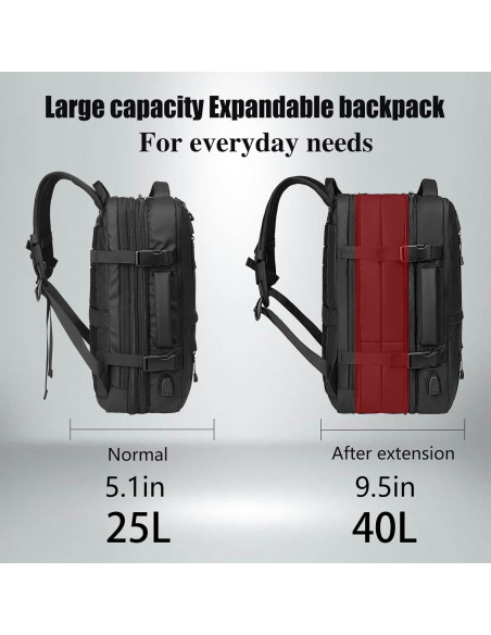 Mochila de viaje expandible 40L con puerto USB y compartimento para laptop 17"