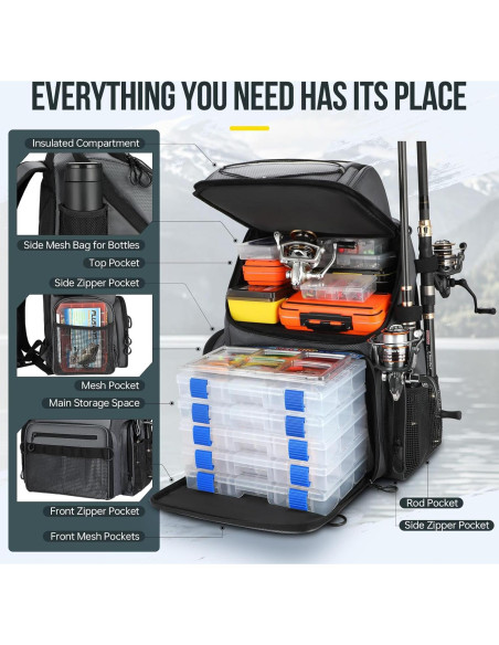 Mochila de Pesca PLUSINNO 45L con Enfriador y Soportes