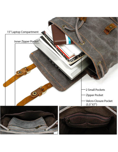 Mochila de Lona Vintage Gearonic 15" Gris para Viajes