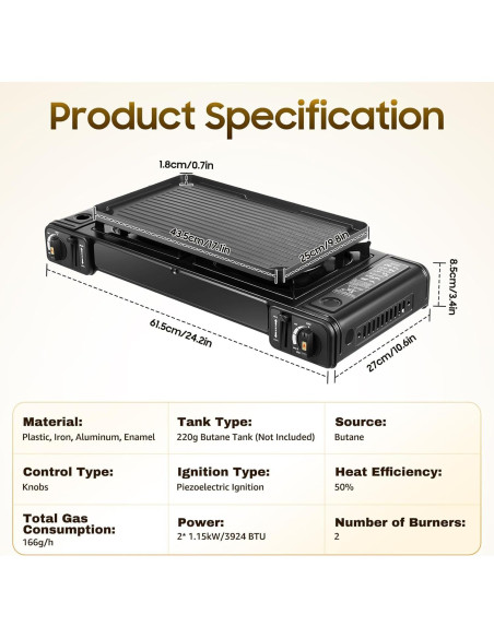 Estufa de Camping Portátil DDBESSIC 2 Quemadores Gas Butano