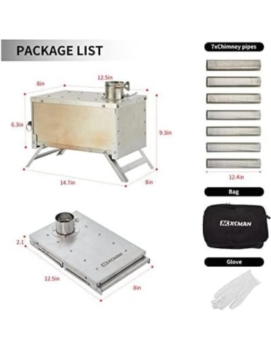 Estufa de Camping XCMAN de Madera Portátil con Chimenea
