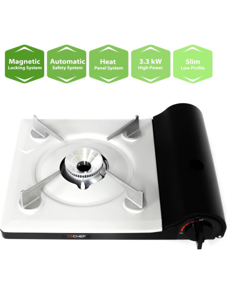 Estufa de Gas Butano Portátil TECHF - Modelo AG28BK, 2800 kcal/h