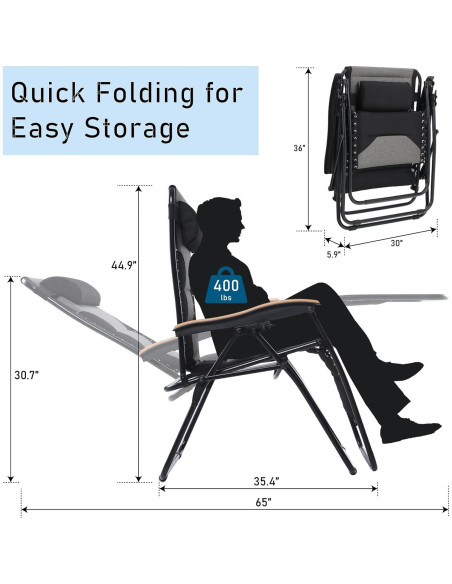 Silla de Gravedad Cero PHI VILLA XXL Reclinable 76cm Negro