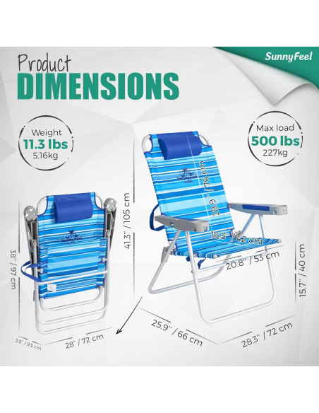 Silla de Playa Plegable SUNNYFEEL Alta 500 LBS Azul Claro