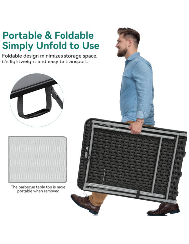 Mesa Plegable de Parrilla YITAHOME 180x70 cm Negra 2 en 1