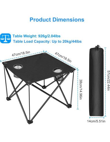 Mesa Plegable de Camping TeqHome 2022 - 45.72x45.72cm, 20kg