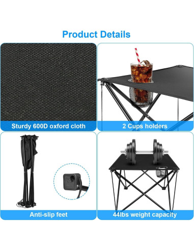 Mesa Plegable de Camping TeqHome 2022 - 45.72x45.72cm, 20kg