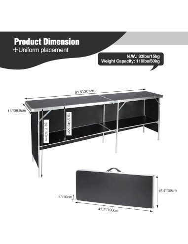 Mesa de Bar Plegable REDCAMP 208cm Negra para Eventos