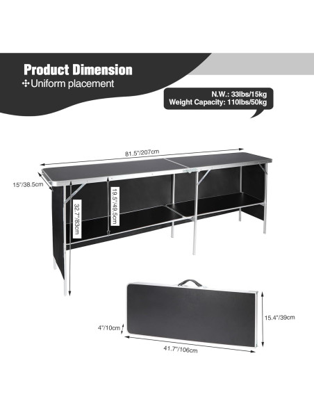 Mesa de Bar Plegable REDCAMP 208cm Negra para Eventos