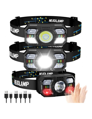 Linterna Frontal Recargable LED PLUSINTO 3 Paquete 5 Modos