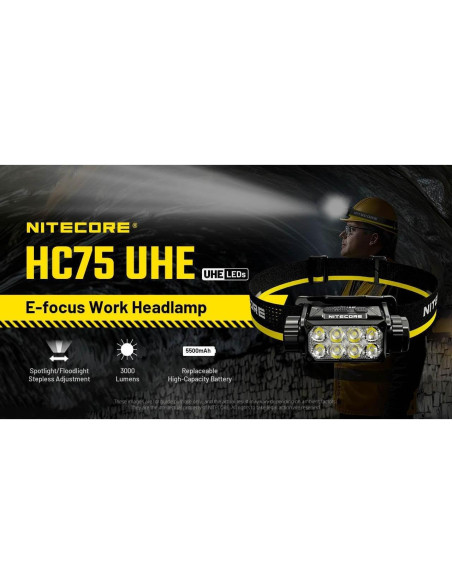 Linterna Frontal Nitecore HC75 UHE 3000 Lúmenes 192m + 2 Baterías