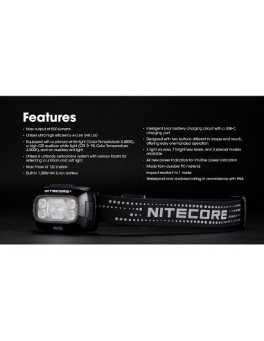 Linterna Frontal Nitecore NU30 500 Lúmenes USB-C 90g