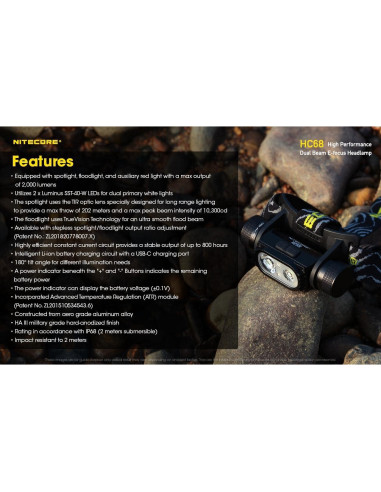 Linterna Frontal Nitecore HC68 2000 Lúmenes Doble Haz E-Focus