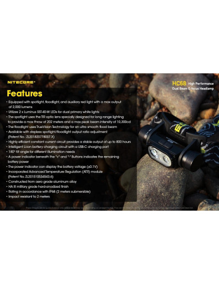 Linterna Frontal Nitecore HC68 2000 Lúmenes Doble Haz E-Focus