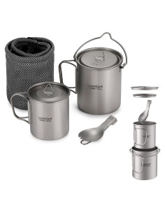 Juego de utensilios de camping Lixada 3 piezas titanio 750ml