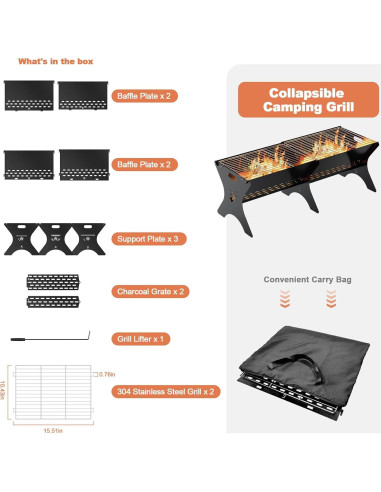 Parrilla de Camping Bearfire FR19 Plegable 78.74x30.48cm Carbón