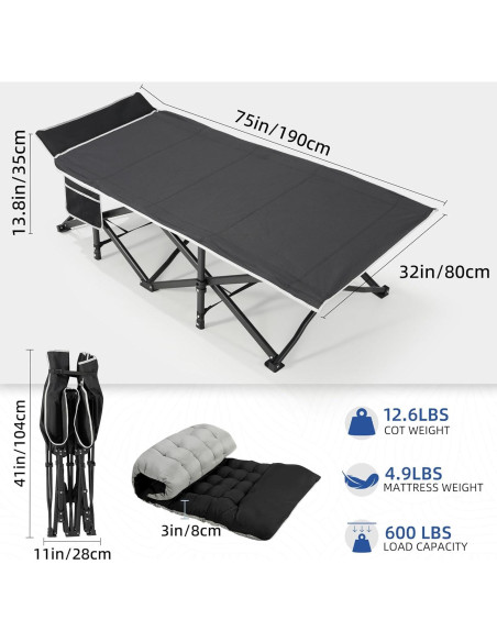 Cama de Camping HABUTWAY Plegable con Colchón 81.3 cm Negro