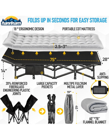 Cama de Camping Plegable HANDNAM 250KG con Colchón y Manta