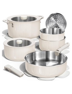 Juego de Ollas y Sartenes CAROTE 14 Piezas Acero Inoxidable Blanco