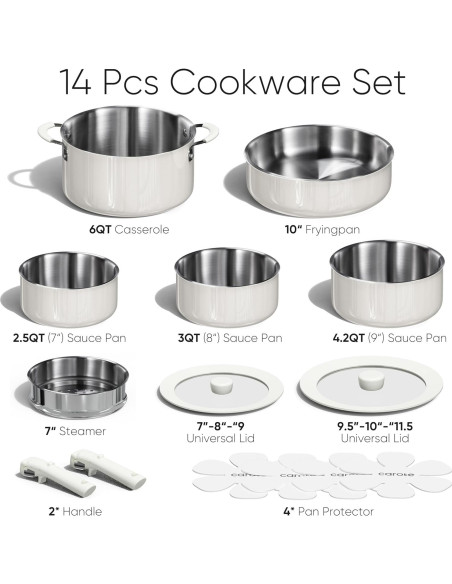 Juego de Ollas y Sartenes CAROTE 14 Piezas Acero Inoxidable Blanco