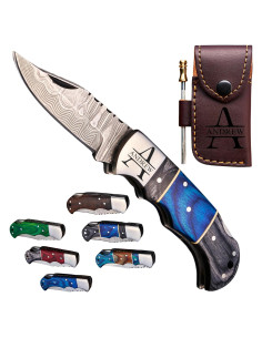 Cuchillo de bolsillo Damasco hecho a mano con mango de madera