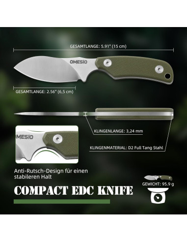 Cuchillo de Cuello Omesio ZLJR, Acero D2, 14.76 cm, Funda Kydex