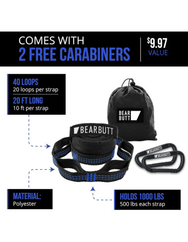 Correas de Hamaca Bear Butt Azul - 6.1m, 1000 lbs, 40 Bucles