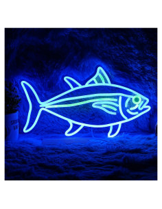 Letrero de Neón Pez Atún Azul Verde LED Dimmable 42.9x24.4cm