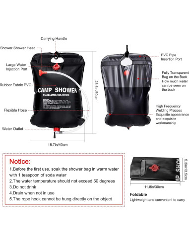 2 Bolsas de Ducha Solar Ailker 20L con Manguera y Cabezal