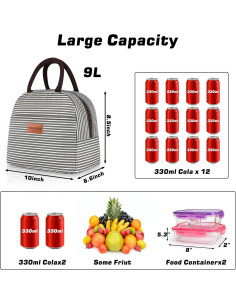 Bolsa de Almuerzo Aislada BALORAY Rayas Blancas y Negras 9L 2