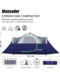 Carpa de Camping Mansader para 6 Personas Impermeable Azul 2
