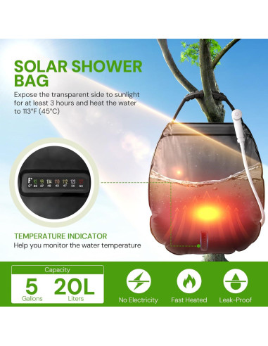 Bolsa de Ducha Solar Sapsisel 20L con Manguera y Cabezal Mejorado