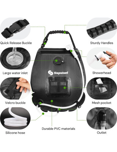 Bolsa de Ducha Solar Sapsisel 20L con Manguera y Cabezal Mejorado