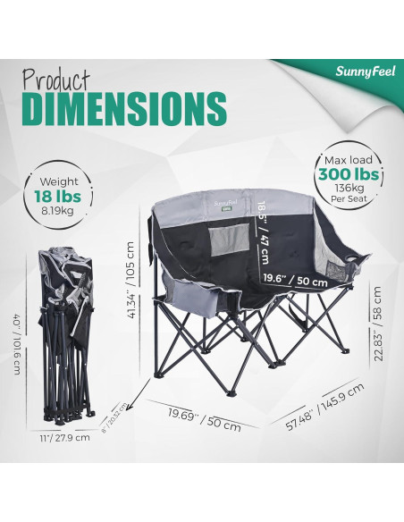 Silla de Camping Doble Plegable SunnyFeel Negra para 2 Personas